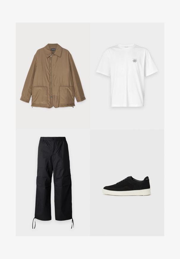 Brun vadderad jacka med krage, framzip, två stora fickor och lätt glans. Enkel design med en avslappnad passform.; Vit t-shirt i bomull med korta ärmar, rund hals och en liten grå logotyp på vänster bröst. Slät textur.; Svarta cargo-byxor gjorda av lätt tyg, med breda ben, elastisk midja och justerbara dragsnören vid muddarna. Två sidofickor.; Svarta mockaskor med snörningsdesign och kontrasterande vita gummisulor. Har texturerade sidopaneler och diskret branding på hälen.