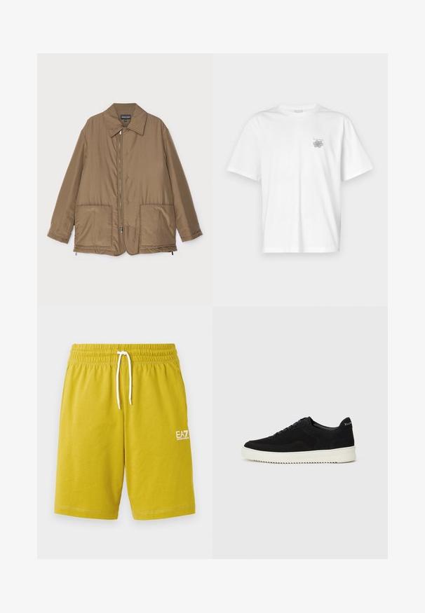 Geacă căptușită, de culoare maro, cu guler, fermoar frontal, două buzunare mari și un luciu subtil. Design simplu, cu o croială lejeră.; Tricou alb din bumbac, cu mâneci scurte, guler rotund și un mic logo gri în zona stângă a pieptului. Textură netedă.; Pantaloni scurți galbeni dintr-un material moale, cu o talie elastică și un șnur alb, și un mic logo alb imprimat pe lateral.; Adidași negri din suede cu design cu șireturi și talpă din cauciuc alb contrastant. Prezintă panouri laterale texturate și branding subtil pe toc.