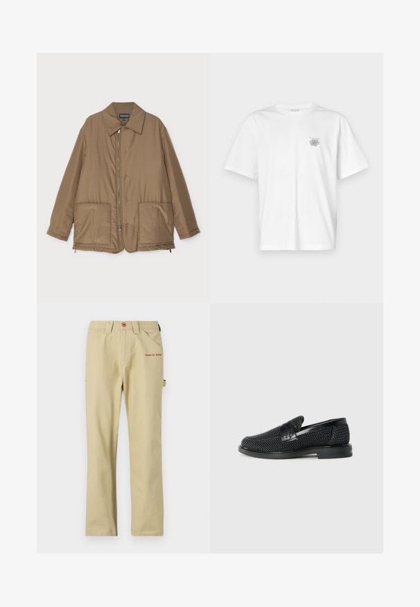 Hnědá zateplená bunda s límečkem, předním zipem, dvěma velkými kapsami a mírným leskem. Jednoduchý design s uvolněným střihem.; Bílá bavlněná trička s krátkým rukávem, kulatým výstřihem a malým šedým logem na levé části hrudi. Hladká textura.; Béžové bavlněné kalhoty s rovnými nohavicemi, s červeným logem na přední straně, předními kapsami a boční smyčkou na doplňky.; Černé pletené nazouvací boty s hladkým koženým akcentem na svršku, kulatou špičkou a nízkoprofilovou gumovou podrážkou.