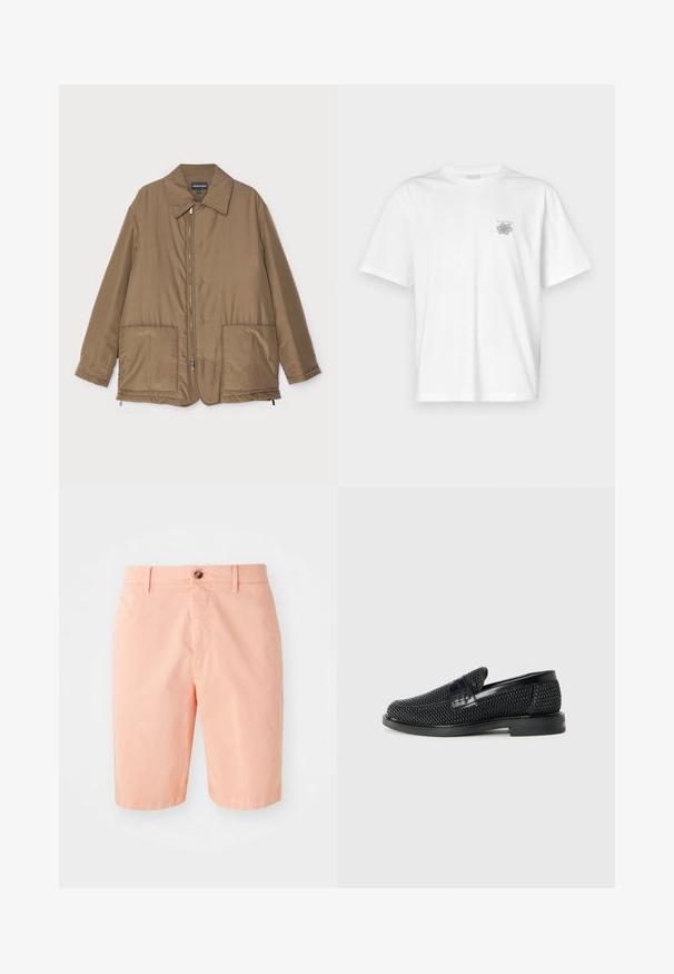 Veste rembourrée marron avec un col, fermeture zippée sur le devant, deux grandes poches et un léger éclat. Design simple avec une coupe décontractée.; T-shirt blanc en coton avec des manches courtes, un col ras du cou et un petit logo gris sur la partie gauche de la poitrine. Texture lisse.; Shorts de couleur pêche en tissu léger, avec un design classique, une fermeture à bouton sur le devant et des poches latérales.; Chaussure slip-on tissée noire avec un accent en cuir lisse sur le dessus, un design à bout rond et une semelle en caoutchouc à profil bas.