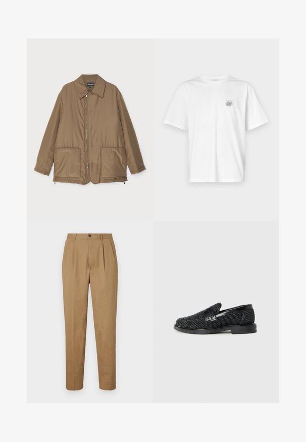 Bruine gewatteerde jas met een kraag, ritssluiting aan de voorkant, twee grote zakken en een lichte glans. Eenvoudig ontwerp met een ontspannen pasvorm.; Witte t-shirt van katoen met korte mouwen, een ronde hals, en een klein grijs logo op de linker borstzijde. Soepele textuur.; Beige geplooide broeken met een rechte snit, gemaakt van een zachte stof. Voorzien van een sluiting met een knoop aan de voorkant en zijzakken.; Zwartegeweven instap schoenen met een glad leren accent aan de bovenkant, een ronde neusontwerp en een laag profiel rubberen zool.