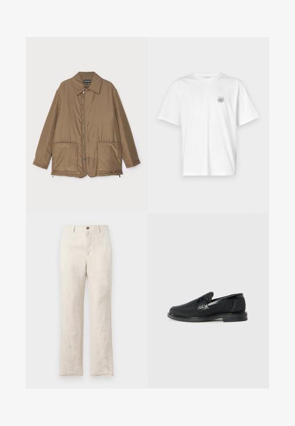 Geacă căptușită, de culoare maro, cu guler, fermoar frontal, două buzunare mari și un luciu subtil. Design simplu, cu o croială lejeră.; Tricou alb din bumbac, cu mâneci scurte, guler rotund și un mic logo gri în zona stângă a pieptului. Textură netedă.; Pantaloni din in într-o nuanță bej deschis, cu un design drept, buzunare frontale și o închidere cu un singur buton la talie.; Pantofii negri din material textil, cu accent din piele netedă pe partea superioară, design cu vârf rotund și talpă din cauciuc de profil redus.