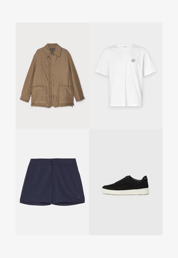 Hnědá zateplená bunda s límečkem, předním zipem, dvěma velkými kapsami a mírným leskem. Jednoduchý design s uvolněným střihem.; Bílá bavlněná trička s krátkým rukávem, kulatým výstřihem a malým šedým logem na levé části hrudi. Hladká textura.; Ron Dorff TENNIS - Šortky - navy; Černé semišové tenisky s krajkovým designem a kontrastní bílou gumovou podrážkou. Obsahují texturované boční panely a jemné branding na patě.