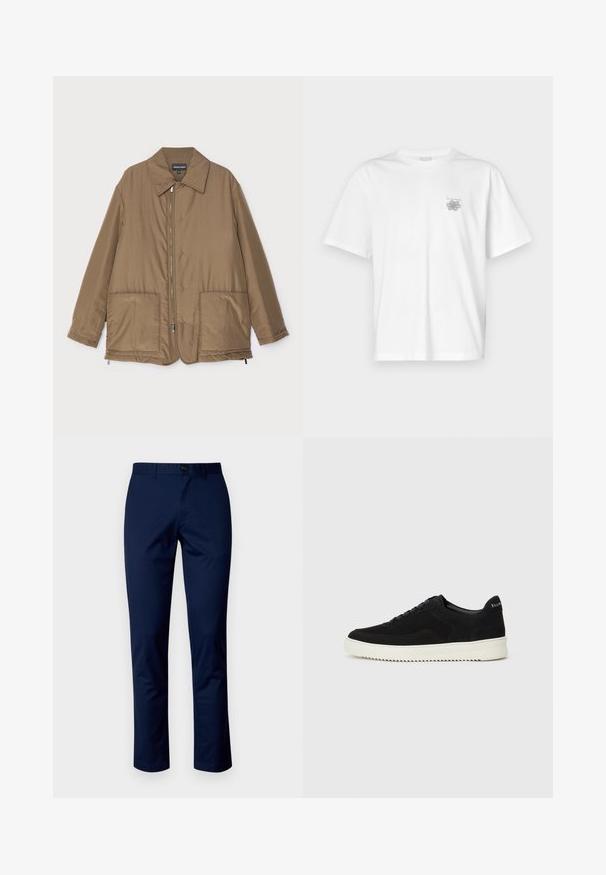 Brun vadderad jacka med krage, framzip, två stora fickor och lätt glans. Enkel design med en avslappnad passform.; Vit t-shirt i bomull med korta ärmar, rund hals och en liten grå logotyp på vänster bröst. Slät textur.; Marinblå bomullst trousers med rak ben design, med framknäppning, bälteshällor och rena sömmar. Slät textur utan mönster.; Svarta mockaskor med snörningsdesign och kontrasterande vita gummisulor. Har texturerade sidopaneler och diskret branding på hälen.