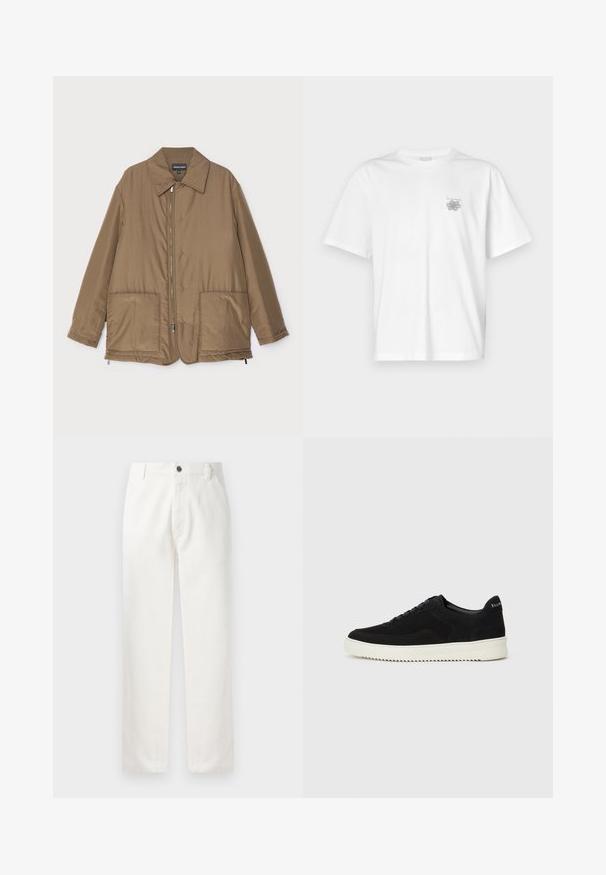 Hnedá prešívaná bunda s golierom, predným zipsom, dvoma veľkými vreckami a jemným leskom. Jednoduchý dizajn s voľným strihom.; Biela tričko vyrobené z bavlny, s krátkymi rukávmi, okrúhlym výstrihom a malým šedým logom na oblasti ľavej hrude. Hladká textúra.; Biele bavlnené nohavice s rovným strihom, prednými vreckami, kovovým zapínaním a jemným prešívaním pozdĺž švov.; Čierne semišové tenisky s šnurovacím dizajnom a kontrastnou bielou gumovou podrážkou. Obsahujú štruktúrované bočné panely a jemné logo na päte.