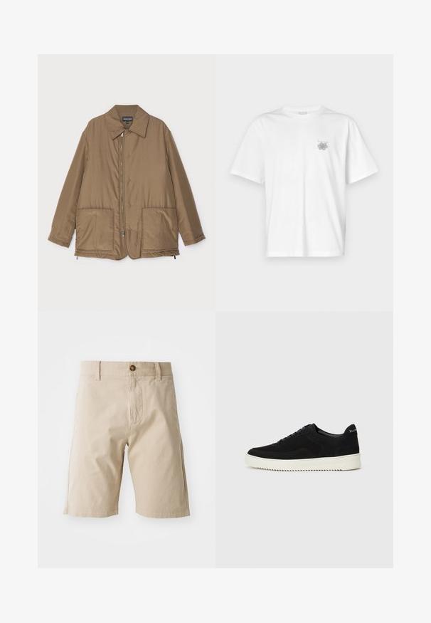 Bruine gewatteerde jas met een kraag, ritssluiting aan de voorkant, twee grote zakken en een lichte glans. Eenvoudig ontwerp met een ontspannen pasvorm.; Witte t-shirt van katoen met korte mouwen, een ronde hals, en een klein grijs logo op de linker borstzijde. Soepele textuur.; Beige katoenen shorts met een knoopsluiting, riemlussen en zijzakken; gladde textuur en rechte snit.; Zwarte suède sneakers met vetersluiting en contrasterende witte rubberen zool. Voorzien van textuurpanelen aan de zijkanten en subtiele branding op de hiel.