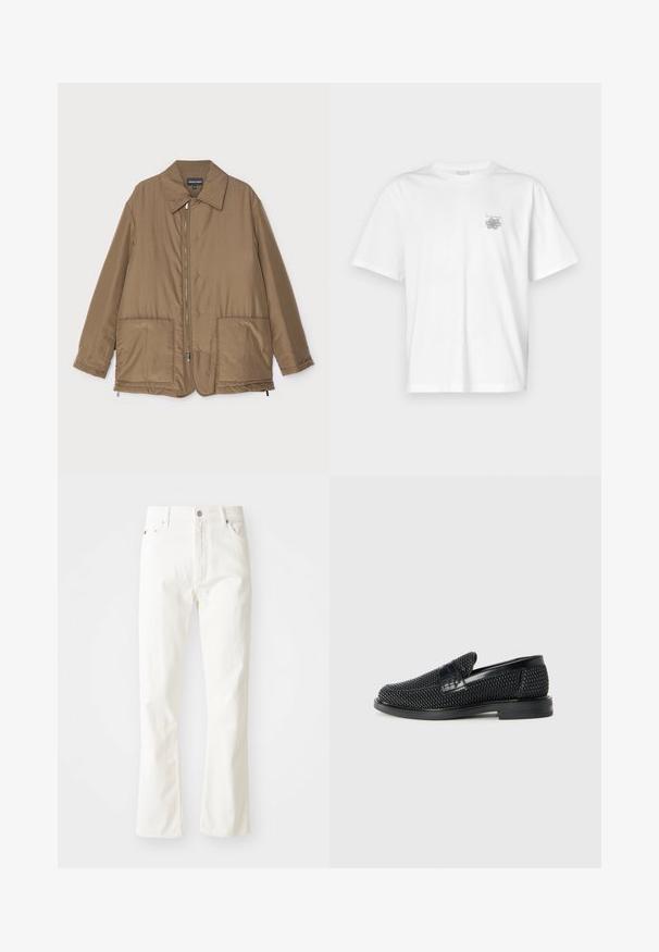 Rudas paminkštintas švarkas su apykakle, priekyje užtrauktuku, dviem didelėmis kišenėmis ir šiek tiek blizgesio. Paprastas dizainas su laisvu siluetu.; Balta medvilninė marškinėlių, su trumpomis rankovėmis, apykaklė nei per aukšta, nei per žema, ir mažas pilkas logotipas kairėje krūtinės pusėje. Lygi tekstūra.; Balti džinsai su plačiais klešniais, aukšta liemens linija, priekinių kišenių ir sidabrinėmis detalėmis. Audinys yra lygaus paviršiaus su subtiliomis siuvimo detalėmis.; Juodas pintas slip-on tipo batelis su lygiu odiniu akcentu viršuje, apvalios nosies dizainas ir žemas guminis padas.