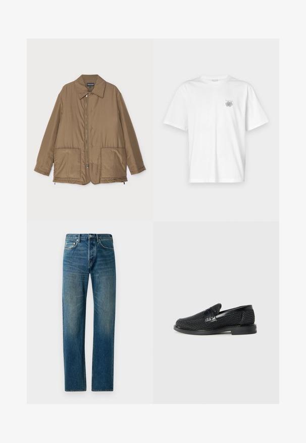 Veste rembourrée marron avec un col, fermeture zippée sur le devant, deux grandes poches et un léger éclat. Design simple avec une coupe décontractée.; T-shirt blanc en coton avec des manches courtes, un col ras du cou et un petit logo gris sur la partie gauche de la poitrine. Texture lisse.; Jeans en denim bleu avec une coupe droite, présentant un style à cinq poches, un léger délavage et des accents de couture contrastants.; Chaussure slip-on tissée noire avec un accent en cuir lisse sur le dessus, un design à bout rond et une semelle en caoutchouc à profil bas.