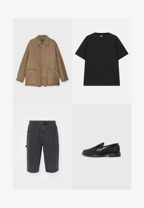 Brown padded jacket with a collared neck, front zip closure, two large pockets, and slight sheen. Simple design with a relaxed fit.; Black short-sleeve t-shirt made of cotton, featuring a round neckline and a small logo detail near the hem. Smooth texture, regular fit.; Dark denim cargo shorts with a straight cut, featuring side pockets, visible stitching, and a raw hem. Durable, lightweight fabric.; Black woven slip-on shoe with a smooth leather accent on the upper, a round toe design, and a low-profile rubber sole.