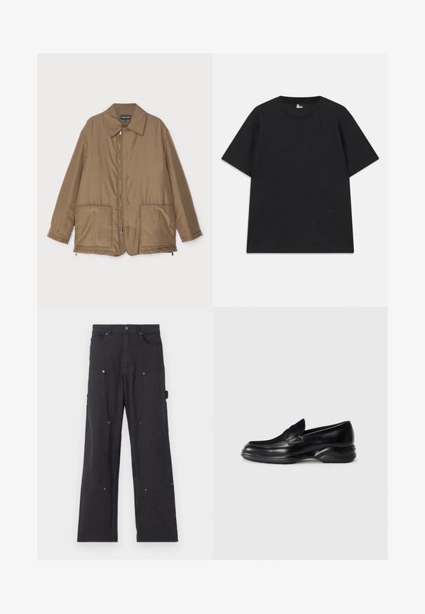 Bruine gewatteerde jas met een kraag, ritssluiting aan de voorkant, twee grote zakken en een lichte glans. Eenvoudig ontwerp met een ontspannen pasvorm.; Zwart kortebril T-shirt van katoen, met een ronde hals en een klein logo detail near de zoom. Gladde textuur, normale pasvorm.; Zwarte cargobroek van duurzaam materiaal met een recht model, voorzien van voorzakken, drukknoopsluitingen en zijzakken voor gebruiksobjecten.; Zwarte leren loafers met een lage, gestructureerde rubberen zool en een gestikt ontwerp op het bovengedeelte. Beschikt over een afgeronde neus en minimale versieringen.