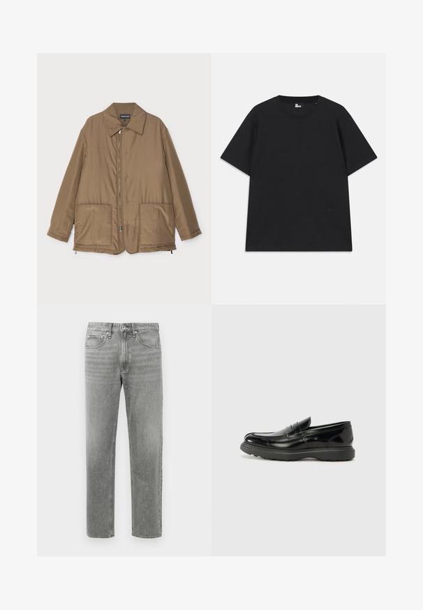 Brązowa pikowana kurtka z kołnierzem, zapinana na zamek z przodu, z dwiema dużymi kieszeniami i lekko błyszczącą powierzchnią. Prosty fason z luźnym krojem.; Czarna koszulka z krótkim rękawem wykonana z bawełny, z okrągłym dekoltem i małym detalem logo blisko dolnej krawędzi. Gładka faktura, standardowy krój.; Szare dżinsy z prostą nogawką, posiadające klasyczny pięciopocketowy design oraz subtelne przetarcia dla uzyskania faktury. Standardowe zapięcie na suwak.; Czarne skórzane mokasyny o błyszczącym wykończeniu, zaokrąglonym nosku, subtelnych detalach szycia i grubym gumowym spodzie dla trwałości.
