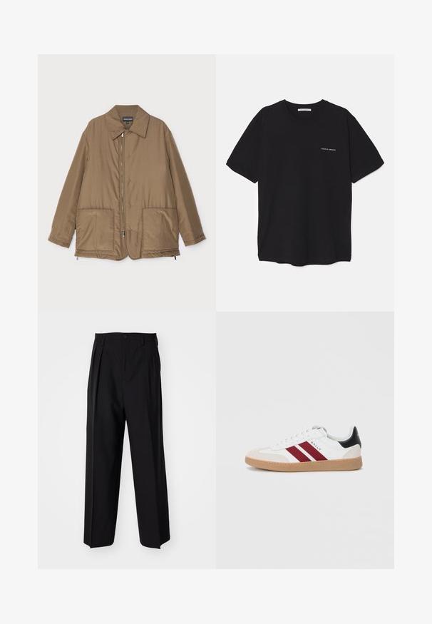 Chaqueta acolchada marrón con cuello camisero, cierre delantero con cremallera, dos grandes bolsillos y un ligero brillo. Diseño sencillo con un corte relajado.; Camiseta de algodón negra con cuello redondo, mangas cortas y un estampado de logo blanco en el lado izquierdo del pecho. Diseño simple y de color sólido.; Pantalones negros plisados con un diseño recto y de pierna ancha. Fabricados en una tela suave, presentan un cierre de botón y trabillas para el cinturón.; Zapatillas de deporte blancas de caña baja con dos rayas color burdeos, una puntera de gamuza y un detalle negro en el talón, con una suela de goma.