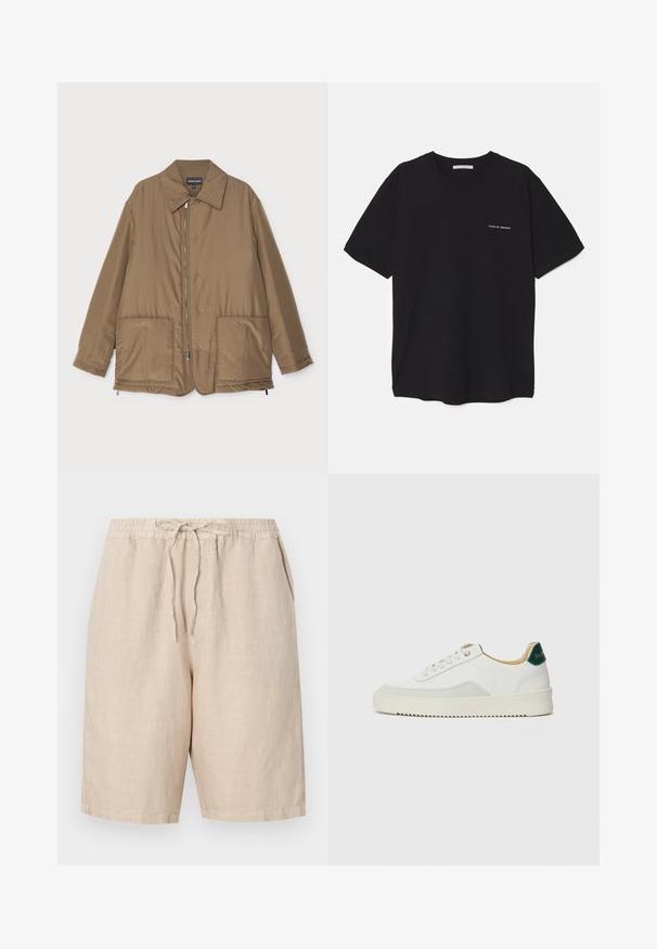 Veste rembourrée marron avec un col, fermeture zippée sur le devant, deux grandes poches et un léger éclat. Design simple avec une coupe décontractée.; T-shirt en coton noir avec un col rond, des manches courtes et un logo blanc imprimé sur la poitrine gauche. Design simple, couleur unie.; Shorts en lin de couleur beige clair avec une taille élastique, un cordon de serrage réglable et des poches latérales. Texture lisse avec une coupe décontractée.; Baskets blanches avec des accents en daim, bout arrondi, lacets plats et semelle en caoutchouc crème. Présente une marque verte sur le talon.