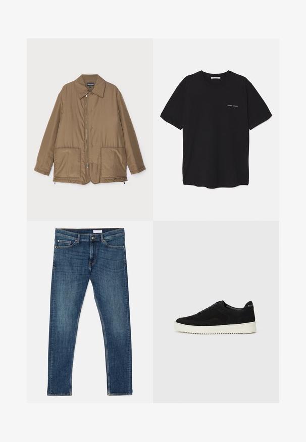 Rudas paminkštintas švarkas su apykakle, priekyje užtrauktuku, dviem didelėmis kišenėmis ir šiek tiek blizgesio. Paprastas dizainas su laisvu siluetu.; Juoda medvilninė marškinėlė su apykakle, trumpomis rankovėmis ir baltu logotipu kairėje krūtinės pusėje. Paprastas, vientisas spalvų dizainas.; Tamsiai mėlyni džinsai, siauras kirpimas, klasikinis penkių kišenių dizainas, matomos siūlės ir prigludęs juosmuo. Be papuošimų ar raštų.; Juodos veliūrinės sportinės bateliai su raištelių dizainu ir kontrastinga balta gumine padais. Yra tekstūruoti šoniniai skydeliai ir subtilus logotipas ant kulno.