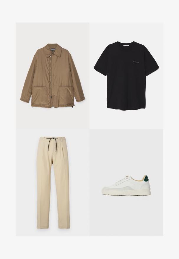 Bruine gewatteerde jas met een kraag, ritssluiting aan de voorkant, twee grote zakken en een lichte glans. Eenvoudig ontwerp met een ontspannen pasvorm.; Zwarte katoenen T-shirt met een ronde hals, korte mouwen en een witte logo-print op de linkerkant van de borst. Eenvoudig, effen kleur ontwerp.; Beige broek met een rechte pasvorm, voorzien van een verstelbare tailleband, geplooide voorkant en een soepele textuur. Eenvoudig, veelzijdig ontwerp.; Witte sneaker met suède accenten, ronde neus, platte veters en een crème rubberen zool. Bevat groene branding op de hiel.