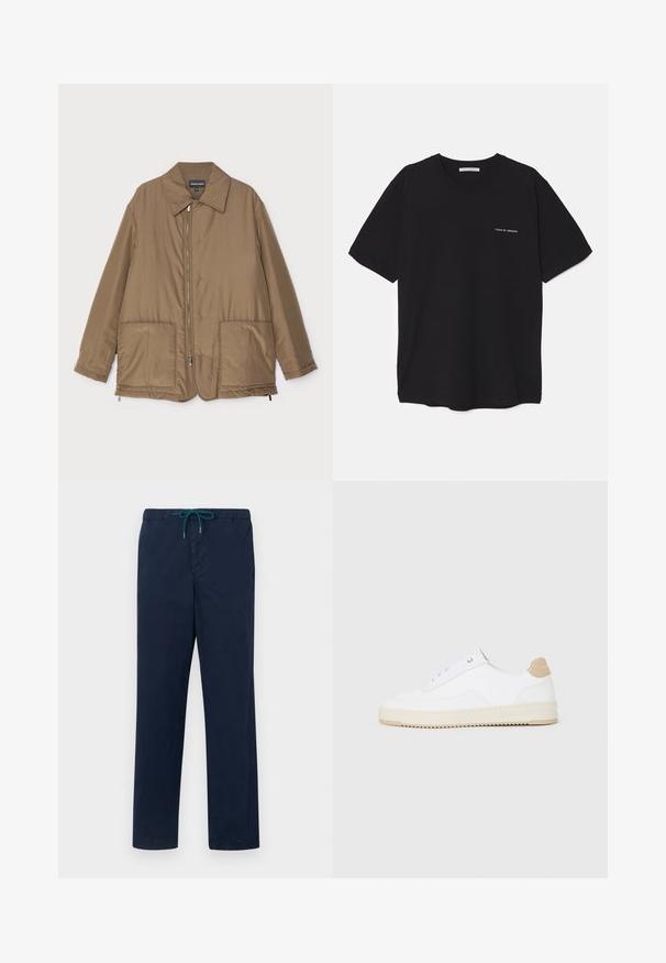 Giacca imbottita marrone con collo, chiusura frontale con zip, due grandi tasche e una leggera lucentezza. Design semplice con vestibilità rilassata.; T-shirt in cotone nero con collo rotondo, maniche corte e stampa bianca del logo sul lato sinistro del petto. Design semplice e monocromatico.; Pantaloni navy blue con elastico in vita e cordoncino teal, caratterizzati da un design a gamba dritta e una trama liscia.; Sneaker bianche basse in pelle testurizzata, con suola rigata color crema e dettagli sul tallone color marrone chiaro. Presentano lacci bianchi e un logo sul tallone.