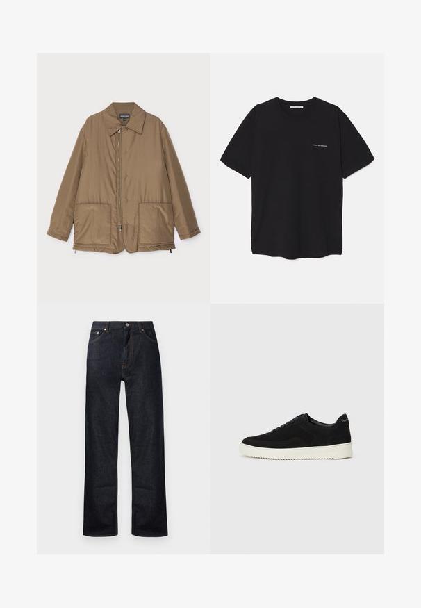 Geacă căptușită, de culoare maro, cu guler, fermoar frontal, două buzunare mari și un luciu subtil. Design simplu, cu o croială lejeră.; Tricou din bumbac negru, cu guler rotund, mâneci scurte și un imprimeu alb cu logo pe partea stângă a pieptului. Design simplu, de culoare uniformă.; Jeans din denim întunecat, cu un design drept, cinci buzunare și detalii cu cusături portocalii. Închidere cu nasture metalic și fermoar.; Adidași negri din suede cu design cu șireturi și talpă din cauciuc alb contrastant. Prezintă panouri laterale texturate și branding subtil pe toc.