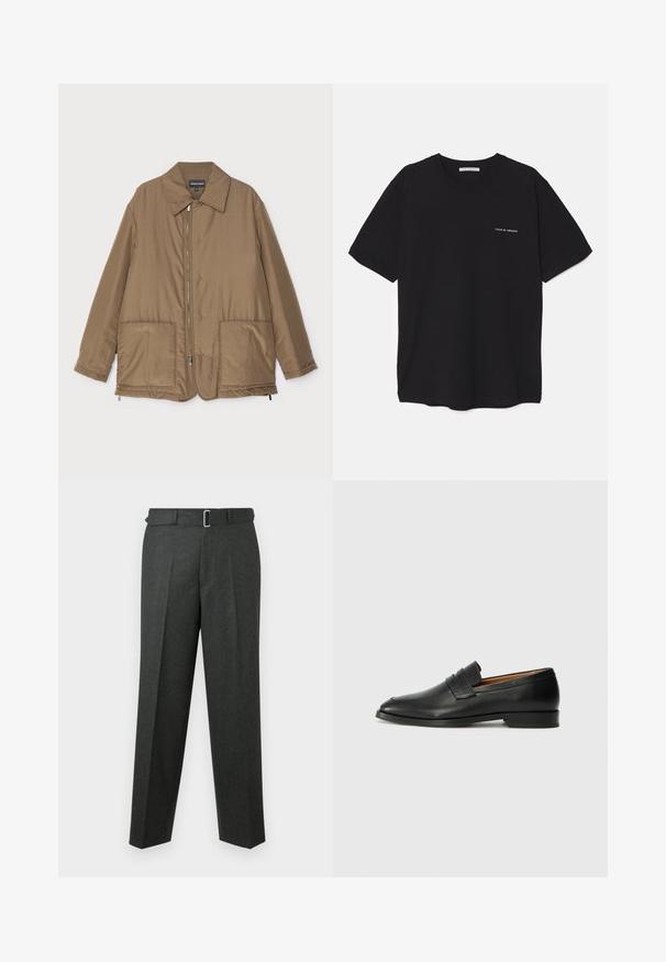 Brązowa pikowana kurtka z kołnierzem, zapinana na zamek z przodu, z dwiema dużymi kieszeniami i lekko błyszczącą powierzchnią. Prosty fason z luźnym krojem.; Czarny bawełniany T-shirt z okrągłym dekoltem, krótkimi rękawami i białym nadrukiem logo na lewej piersi. Prosty, jednolity kolor.; Ciemnoszare dopasowane spodnie o prostym przodzie, z plisowanym wzorem i dopasowanym paskiem z srebrną klamrą. Gładka tekstura i proste nogawki.; Czarne skórzane mokasyny z zaokrąglonym noskiem, subtelnymi przeszyciami i niskim obcasem, charakteryzujące się gładką teksturą i minimalistycznym designem.