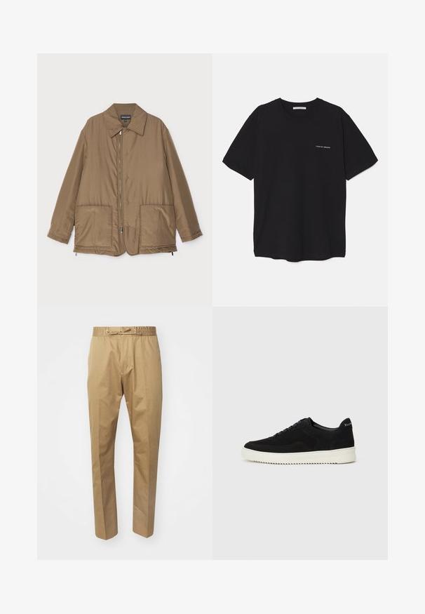 Brown padded jacket with a collared neck, front zip closure, two large pockets, and slight sheen. Simple design with a relaxed fit.; Black cotton T-shirt with a crew neck, short sleeves, and a white logo print on the left chest. Simple, solid color design.; Beige trousers with an elastic waistband and adjustable drawstring. Smooth texture, straight legs, and minimalistic design.; Black suede sneaker with lace-up design and contrasting white rubber sole. Features textured side panels and subtle branding on the heel.