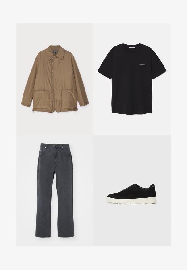 Barna steppelt dzseki, galléros nyakkal, elülső cipzárral, két nagy zsebbel és enyhe fényességgel. Egyszerű dizájn, laza szabással.; Fekete pamut T-shirt kerek nyakkivágással, rövid ujjakkal, és fehér logónyomattal a bal mellrészen. Egyszerű, egyszínű dizájn.; Sötét szürke farmernadrág, egyenes szárú fazonnal, öt zsebes kialakítással és fém gombos zárással. Puha tapintás és minimális részletezés.; Fekete velúr sportcipő fűzős dizájnnal és kontrasztos fehér gumitalppal. Jellemzői a textúrázott oldalpanelek és a diszkrét logó a sarokon.