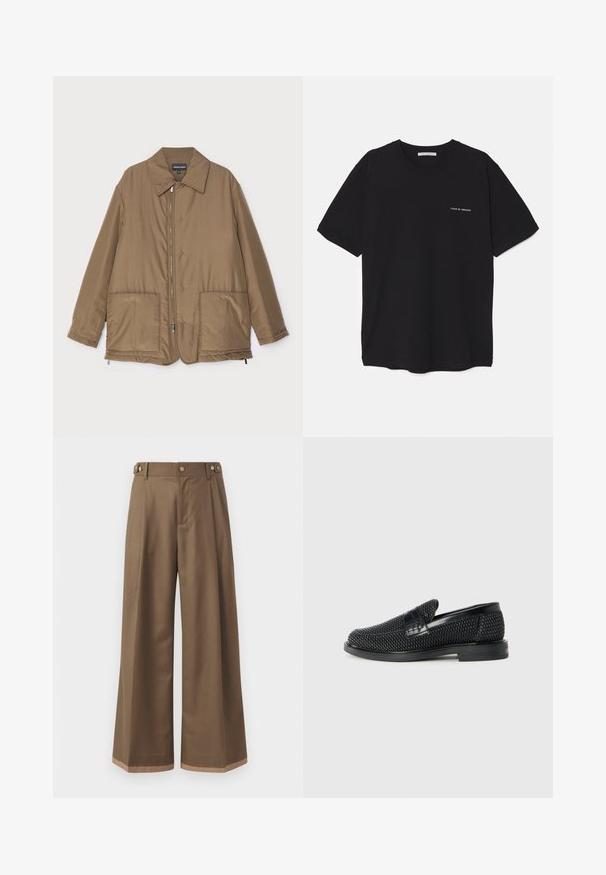 Braune gepolsterte Jacke mit Kragen, Reißverschluss vorne, zwei großen Taschen und leichter Glanz. Einfaches Design mit entspannter Passform.; Schwarzes Baumwoll-T-Shirt mit Rundhalsausschnitt, kurzen Ärmeln und weißem Logodruck auf der linken Brust. Einfaches, einfarbiges Design.; Weite Beinkleider aus einem dunkelbraunen Stoff, mit zwei Seiten Taschen, zwei dekorativen vorderen Knöpfen und einem kontrastierenden Saumdetail.; Schwarzer geflochtener Slipper mit einem glatten Lederakzent im Obermaterial, einem runden Zehendesign und einer flachen Gummisohle.