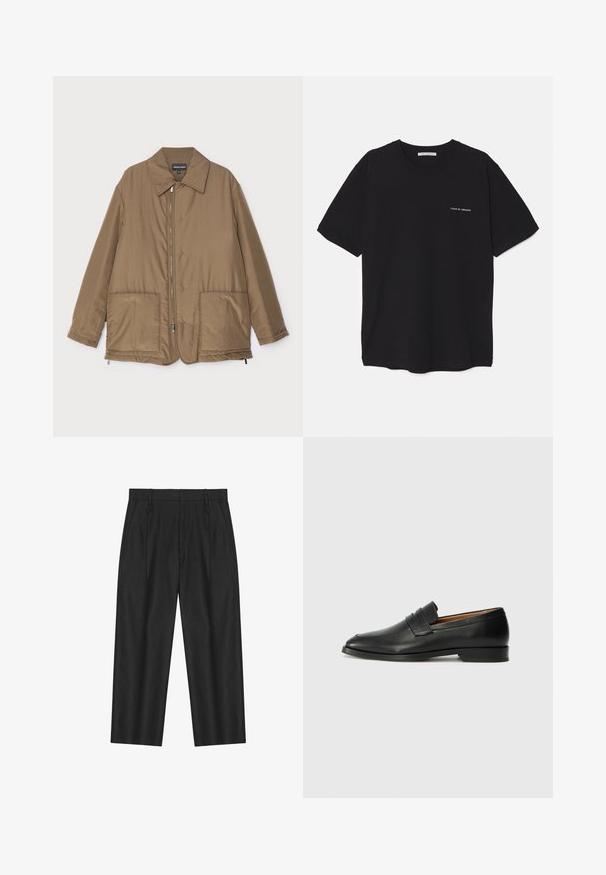 Ruskea pehmustettu takki kauluksella, edessä vetoketjukiinnitys, kaksi suurta taskua ja lievä kiilto. Yksinkertainen muotoilu rentolla istuvuudella.; Musta puuvillapaita, jossa on pyöreä kaula-aukko, lyhyet hihat ja valkoinen logopainatus vasemmassa rinnassa. Yksinkertainen, tasavärinen design.; Musta suorat housut vyölenkeillä, sivutaskuilla ja kevyesti pleated-etuosalla.; Musta nahkainen loafer, jossa on pyöreä kärki, hienovarainen ommelkoristelu ja matala korko, joka on varustettu sileällä pinnalla ja minimalistisella designilla.