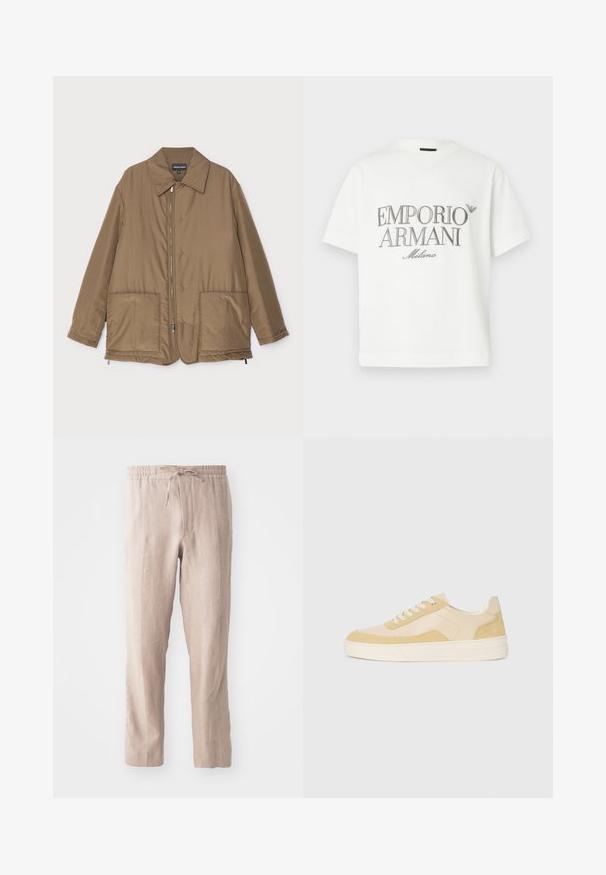 Brown padded jacket with a collared neck, front zip closure, two large pockets, and slight sheen. Simple design with a relaxed fit.; White cotton t-shirt featuring a large grey "Emporio Armani Milano" logo on the front and a small logo on the upper left side.; Beige linen pants with an elastic waistband and drawstring. Straight leg design with a soft texture and minimalistic style.; Sneakers in light yellow suede and leather, featuring a cushioned sole and stitched accents. Classic lace-up design with a rounded toe.