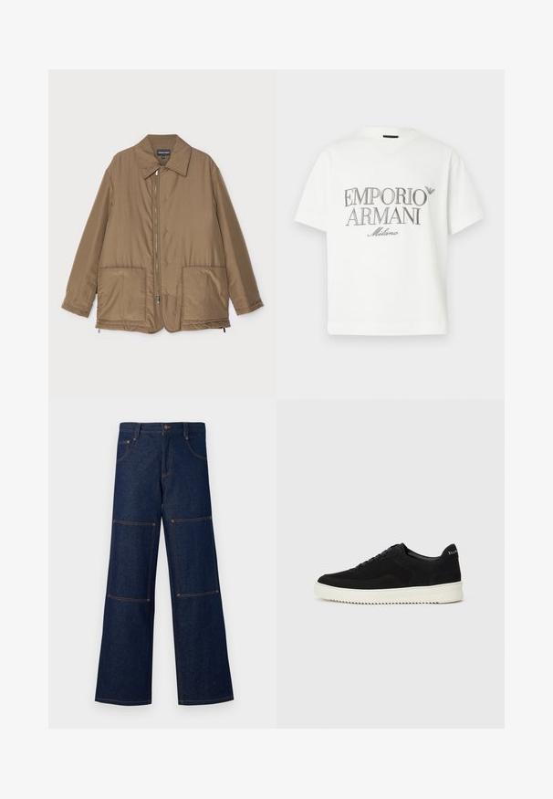 Brūns polsterēts mētelis ar apkakli, priekšpuses rāvējslēdzēja aizdare, divas lielas kabatas un nedaudz spīdīga virsma. Vienkāršs dizains ar brīvu piegriezumu.; Balta kokvilnas T-krekls ar lielu pelēku "Emporio Armani Milano" logotipu priekšpusē un mazu logotipu augšējā kreisajā pusē.; Tumši zili denima plaši ar plašu kāju dizainu, kontrastējošiem oranžiem šuvumiem, lielām kabatām uz katras kājas un pogu aizdari viduklī.; Melnas zamšas kedas ar auklām un kontrastējošu baltu gumijas zoli. Iekļauj teksturētas sānu panēles un diskretu zīmolu uz papēža.