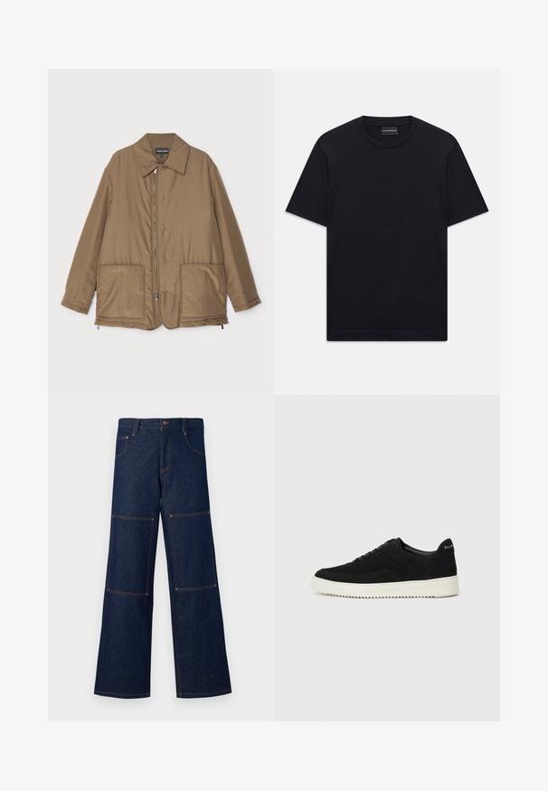 Pruunist voodriga jakk krae ja esitaskutega, ees lukuga kinnitamine ning kerge läikega. Lihtne kujundus ja lõdva istuvusega.; Must ja lühikeste varrukatega T-särk ümaratest kaelusest, diskreetne reljeefne logo disain, mis on keskendatud rinnale, ja kaubamärgiga silt kaeluses.; Tumedast sinise denimi laiad püksid, millel on kontrastsed oranžid õmblused, suurte plaastripocketitega igas jalas ning nööbiga sulgemine talje juures.; Mustad suede jooksujalatsid, millel on paelad ja kontrastne valge kummitald. Omab tekstuuriga külgpaneele ja tagasihoidlikku brändimist kandadel.