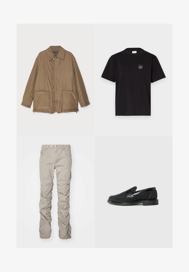 Brown padded jacket with a collared neck, front zip closure, two large pockets, and slight sheen. Simple design with a relaxed fit.; Black cotton t-shirt with a crew neck and short sleeves. Features a small blue logo on the left chest. Simple, straight-cut design.; Beige, textured fabric pants with a ruched design, featuring a button fly, five pockets, and a straight leg cut.; Black woven slip-on shoe with a smooth leather accent on the upper, a round toe design, and a low-profile rubber sole.