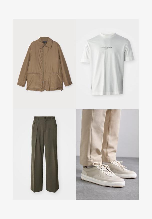 Hnedá prešívaná bunda s golierom, predným zipsom, dvoma veľkými vreckami a jemným leskom. Jednoduchý dizajn s voľným strihom.; Biele tričko s krátkym rukávom s logom "EMPORIO ARMANI MILANO" umiestneným na hrudi v jemne vystúpenom písme.; Filippa K WIDE TROUSERS - Nohavice - driftwood; Béžové tenisky s textúrovaným povrchom, bielymi podrážkami a prešitými detailmi, kombinované s béžovými nohavicami, vystavené na šedém povrchu.