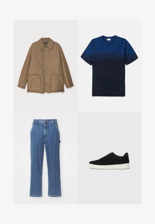 Geacă căptușită, de culoare maro, cu guler, fermoar frontal, două buzunare mari și un luciu subtil. Design simplu, cu o croială lejeră.; Tricou din bumbac bleumarin cu guler rotund, mâneci scurte și un design subtil în degradé care trece de la nuanțe mai deschise la nuanțe mai închise.; Jeans din denim albastru cu pantaloni evazați, cu dungi verticale albe, cinci buzunare și fermoar. Prezintă un talie standard și tivuri cusute.; Adidași negri din suede cu design cu șireturi și talpă din cauciuc alb contrastant. Prezintă panouri laterale texturate și branding subtil pe toc.