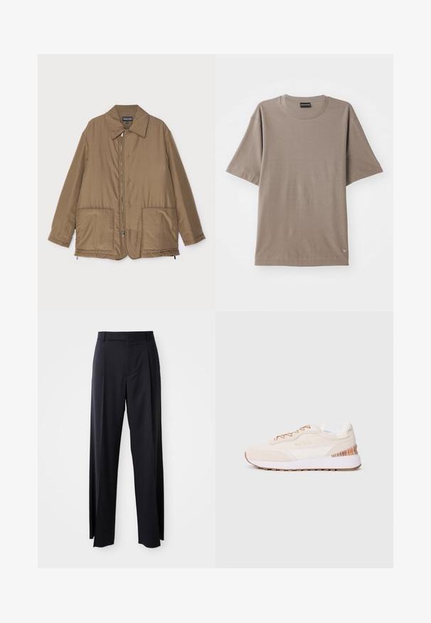 Braune gepolsterte Jacke mit Kragen, Reißverschluss vorne, zwei großen Taschen und leichter Glanz. Einfaches Design mit entspannter Passform.; Braunes Kurzarm-T-Shirt mit einem Rundhalsausschnitt, das ein dezentes strukturiertes Muster und ein kleines Logo-Etikett auf der unteren linken Seite aufweist.; Schwarze, hoch taillierte Hose mit weitem Bein, aus glattem Stoff. Verfügt über vorne gelegte Falten und Gürtelschlaufen. Minimalistisches Design, ohne sichtbare Beschläge.; Sneaker mit oberem Teil aus beigem Wildleder, weißen Akzenten, brauner Gummisohle und buntem Streifenmuster an der Ferse; mit braunen Schnürsenkeln.