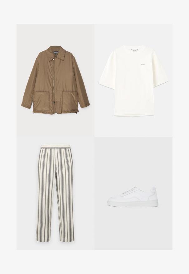 Brown padded jacket with a collared neck, front zip closure, two large pockets, and slight sheen. Simple design with a relaxed fit.; White short-sleeve t-shirt made of cotton. Features a crew neck and a small black "Holzweiler" logo on the left side.; Striped pants in a light cream color with thin gray vertical stripes. Features an elastic waistband and a straight leg cut.; White low-top sneaker with lace-up front, smooth upper, and rubber sole on plain light background.