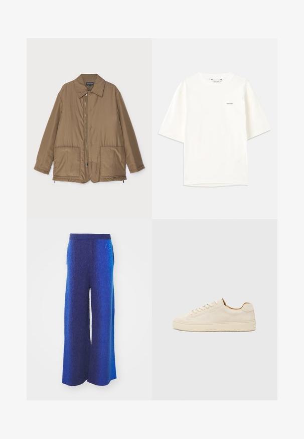 Brown padded jacket with a collared neck, front zip closure, two large pockets, and slight sheen. Simple design with a relaxed fit.; White short-sleeve t-shirt made of cotton. Features a crew neck and a small black "Holzweiler" logo on the left side.; Wide-leg pants in gradient blue tones, featuring a textured fabric, elastic waistband, and side pockets. Subtle embroidered detail on waist.; Beige suede sneaker with a low-top design, round toe, flat laces, and a textured rubber sole. Minimalist style with no visible logos.