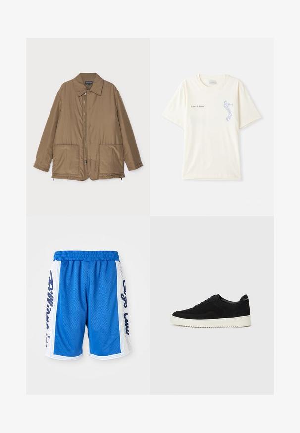 Pruunist voodriga jakk krae ja esitaskutega, ees lukuga kinnitamine ning kerge läikega. Lihtne kujundus ja lõdva istuvusega.; Valge puuvillane t-särk lühikeste varrukatega, millel on rinnal musta ja sinise graafikaga tekst "United By Rhythm". Ümmargune kaelus.; Sinine võrgusilmaga sportlikud lühikesed püksid elastse vöökohaga, millel on valged külgpaneelid ja must trükiste detail mõlemal poolel.; Mustad suede jooksujalatsid, millel on paelad ja kontrastne valge kummitald. Omab tekstuuriga külgpaneele ja tagasihoidlikku brändimist kandadel.