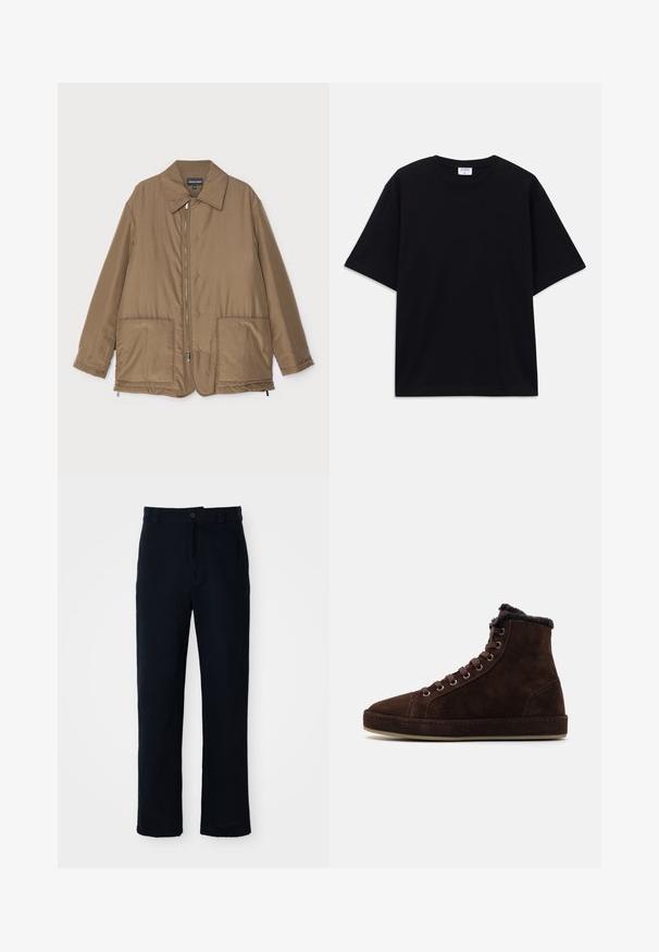 Pruunist voodriga jakk krae ja esitaskutega, ees lukuga kinnitamine ning kerge läikega. Lihtne kujundus ja lõdva istuvusega.; Must t-särk, lühikeste varrukatega, üle mõõdu, ümmarguse kaelusega ja nähtava Filippa K brändi sildiga kaelas.; Tumed sinelased püksid puuvillast, sirge lõikega, eesnupu sulgemisega ning klassikalise vöökohaga, kus on vööaasad.; Prunaväni nubukist kõrged tossud, millel on paelad ees, ümmargune varvas, pehme vooder krae ümber ja kummist tallad.