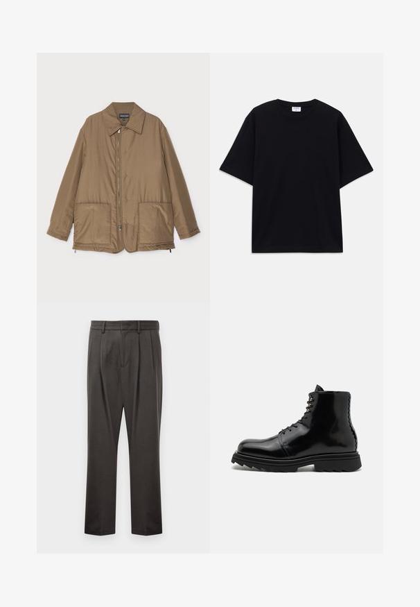 Geacă căptușită, de culoare maro, cu guler, fermoar frontal, două buzunare mari și un luciu subtil. Design simplu, cu o croială lejeră.; Tricou oversized cu mânecă scurtă, de culoare neagră, cu decolteu rotund și etichetă Filippa K vizibilă în interiorul gulerului.; Pantaloni gri închis dintr-un material texturat, având față plată, pliuri, picioare drepte și bucle pentru curea. Fără hardware sau modele vizibile.; The Antipode Botine cu șireturi - black