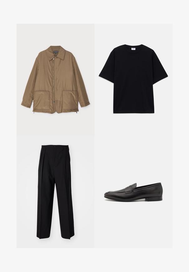 Chaqueta acolchada marrón con cuello camisero, cierre delantero con cremallera, dos grandes bolsillos y un ligero brillo. Diseño sencillo con un corte relajado.; Camiseta oversized de manga corta en negro con escote redondo y etiqueta de la marca Filippa K visible en el interior del cuello.; Pantalones negros plisados con un diseño recto y de pierna ancha. Fabricados en una tela suave, presentan un cierre de botón y trabillas para el cinturón.; Mocasines de cuero negro con un diseño elegante, puntera redondeada y tacón bajo apilado. Presentan un detalle decorativo de costura en la parte superior.