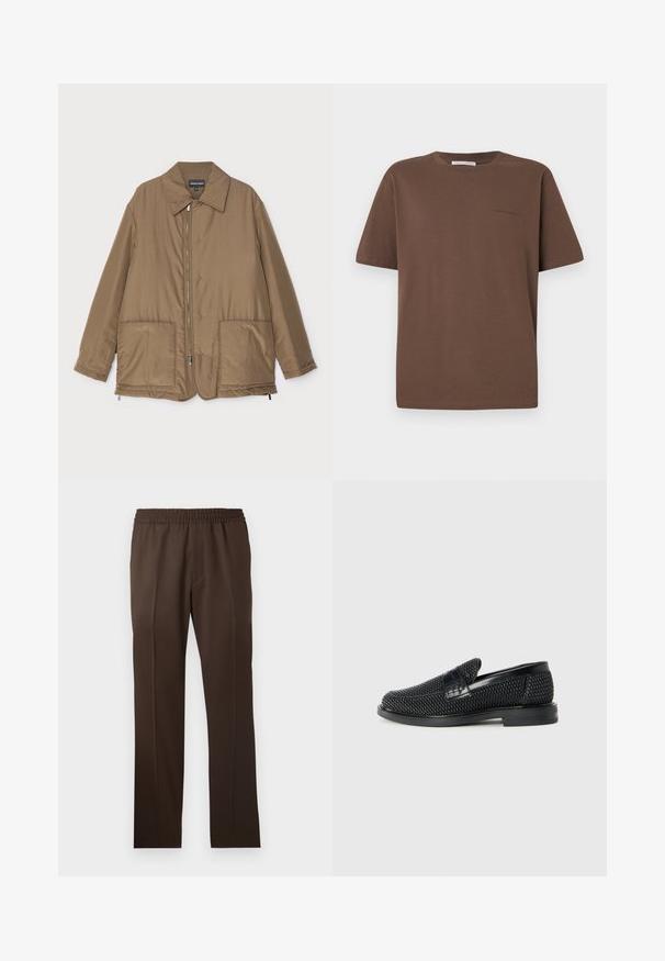 Rudas paminkštintas švarkas su apykakle, priekyje užtrauktuku, dviem didelėmis kišenėmis ir šiek tiek blizgesio. Paprastas dizainas su laisvu siluetu.; Rudas medvilninis marškinėliai su apvaliu iškirpimu, trumpomis rankovėmis ir mažu logotipu spausdintu priekyje. Lygus audinio tekstūros, laisvo kirpimo.; Rudos, tiesiai supjaustyti kelnių su elastinga juosmeniu ir vientisa audinio tekstūra; turi aštrias raukšles priekyje.; Juodas pintas slip-on tipo batelis su lygiu odiniu akcentu viršuje, apvalios nosies dizainas ir žemas guminis padas.