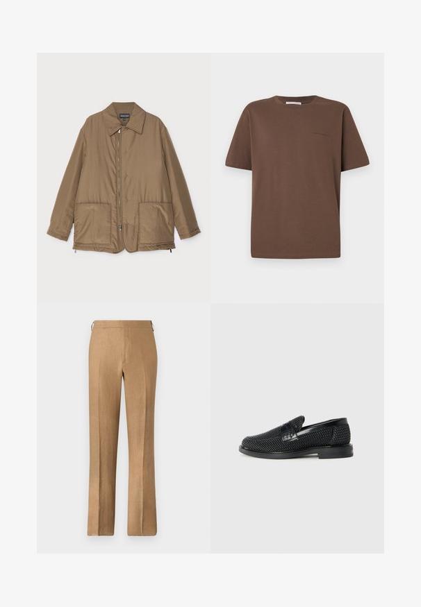Rudas paminkštintas švarkas su apykakle, priekyje užtrauktuku, dviem didelėmis kišenėmis ir šiek tiek blizgesio. Paprastas dizainas su laisvu siluetu.; Rudas medvilninis marškinėliai su apvaliu iškirpimu, trumpomis rankovėmis ir mažu logotipu spausdintu priekyje. Lygus audinio tekstūros, laisvo kirpimo.; Rudos lino kelnes su tiesiu paeiga, pasižyminčios lygiu paviršiumi, paslėptu juosmeniu ir be matomų kišenių.; Juodas pintas slip-on tipo batelis su lygiu odiniu akcentu viršuje, apvalios nosies dizainas ir žemas guminis padas.
