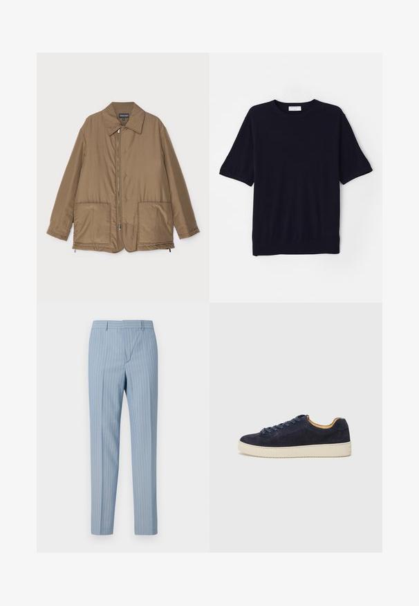 Brun vadderad jacka med krage, framzip, två stora fickor och lätt glans. Enkel design med en avslappnad passform.; Marinblå kortärmad stickad tröja med rund halsringning, mjukt material och avslappnad passform. Har slät fåll och ribbade ärmslut.; Ljusblå randiga byxor med slim fit, utrustade med vertikala smala ränder i vitt. Tillverkade av ett mjukt tyg med en skräddarsydd design.; Marinblå mocka låg sko med rund tå, off-white gummisula och matchande snören; har en kontrasterande tanfärgad innersula.