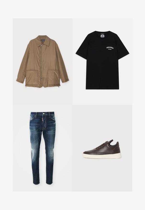 Geacă căptușită, de culoare maro, cu guler, fermoar frontal, două buzunare mari și un luciu subtil. Design simplu, cu o croială lejeră.; Tricou negru din bumbac cu mâneci scurte, având logo-ul alb "DSQUARED2 MILANO" pe piept. Design cu gât rotund, textură netedă.; Jeans de denim bleu închis cu o croială slim, având zone uzate pe coapse și genunchi, cinci buzunare și închidere cu un buton din metal.; Tenis din piele texturată, de culoare maro închis, cu șireturi în față și talpă din cauciuc alb, cu margini, pe un fundal deschis.