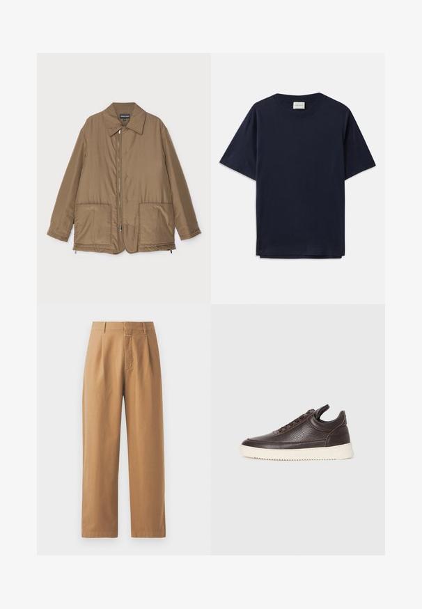 Brązowa pikowana kurtka z kołnierzem, zapinana na zamek z przodu, z dwiema dużymi kieszeniami i lekko błyszczącą powierzchnią. Prosty fason z luźnym krojem.; Granatowa bawełniana koszulka z krótkim rękawem, okrągłym dekoltem i luźnym krojem. Metka z napisem "CLOSED" przy dekolcie. Gładka struktura.; Brązowe, szerokie spodnie o gładkiej fakturze. Posiadają wysoki stan z plisami, szlufkami na pasek oraz jedną kieszenią z przodu.; Ciemnobrązowe, teksturowane skórzane trampki z częścią sznurowaną z przodu i białą, żłobioną gumową podeszwą, na jasnym tle.