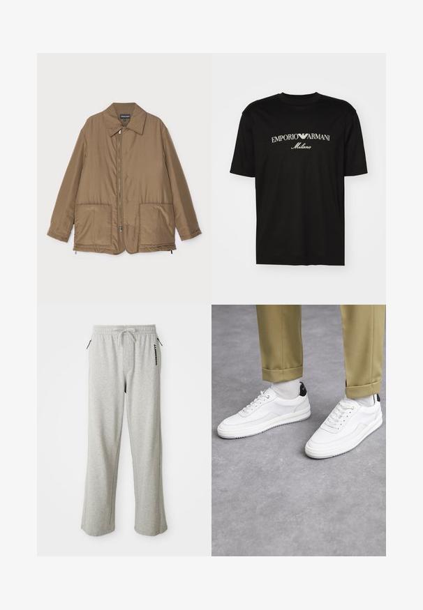 Brązowa pikowana kurtka z kołnierzem, zapinana na zamek z przodu, z dwiema dużymi kieszeniami i lekko błyszczącą powierzchnią. Prosty fason z luźnym krojem.; Czarny bawełniany T-shirt z okrągłym dekoltem, krótkimi rękawami oraz białym logo "EMPORIO ARMANI" nad napisem "Milano" w zakrzywionym kształcie.; Szare dresowe spodnie z miękkiego materiału, z elastycznym pasem na sznurek, bocznymi kieszeniami oraz nadrukowanym logo wzdłuż lewej nogawki.; Białe sneakersy z fakturowaną skórzaną wykończeniem, okrągłym noskiem i czarnym akcentem na pięcie. Gumowa podeszwa z małym wzorem bieżnika i przeszyciem.