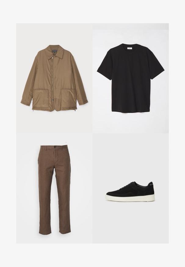 Chaqueta acolchada marrón con cuello camisero, cierre delantero con cremallera, dos grandes bolsillos y un ligero brillo. Diseño sencillo con un corte relajado.; Camiseta de algodón negra con cuello redondo, mangas cortas y un corte relajado. Diseño simple, textura suave y sin patrones o logotipos visibles.; NN.07 THEO - Pantalones - brown; Zapatilla de ante negra con diseño de cordones y suela de goma blanca contrastante. Presenta paneles laterales texturizados y un sutil logo en el talón.