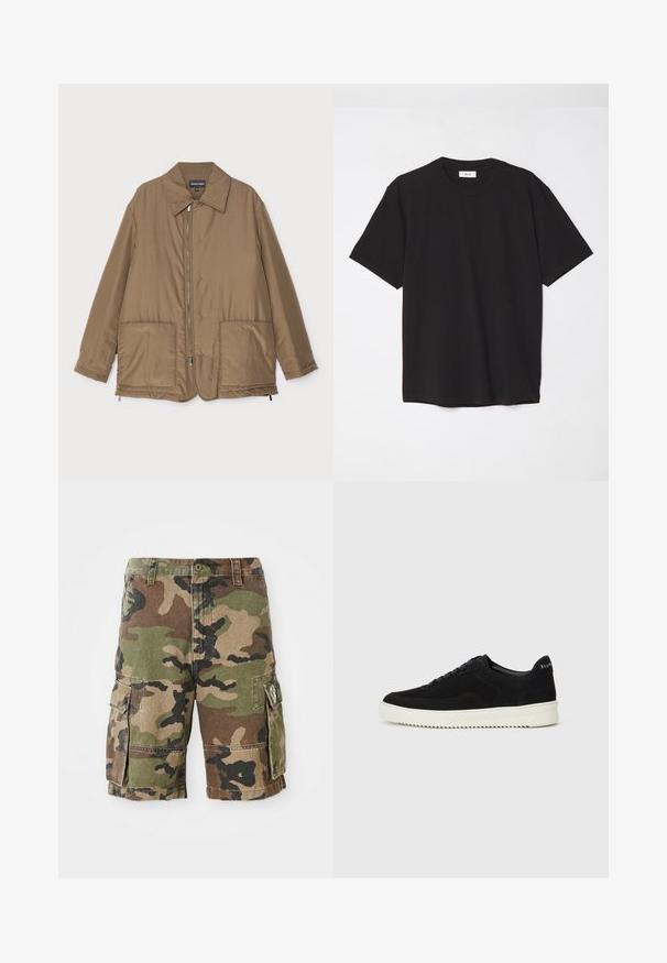 Rudas paminkštintas švarkas su apykakle, priekyje užtrauktuku, dviem didelėmis kišenėmis ir šiek tiek blizgesio. Paprastas dizainas su laisvu siluetu.; Juodas medvilninis marškinėlis su apvaliu kaklu, trumpomis rankovėmis ir laisvu siluetu. Paprastas dizainas, lygus paviršius ir be matomų raštų ar logotipų.; Kamo spalvos cargo šortai su dviem šoninėmis kišenėmis ir diržo kilpomis, priekyje užsegami mygtuku ir su siuvinėtomis detalėmis.; Juodos veliūrinės sportinės bateliai su raištelių dizainu ir kontrastinga balta gumine padais. Yra tekstūruoti šoniniai skydeliai ir subtilus logotipas ant kulno.