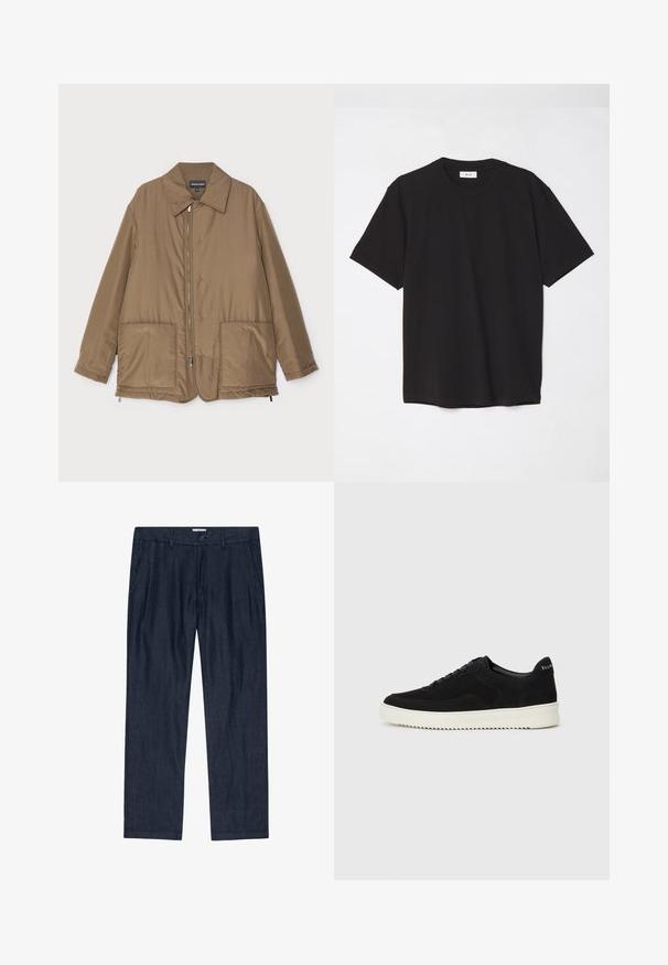 Brun vadderad jacka med krage, framzip, två stora fickor och lätt glans. Enkel design med en avslappnad passform.; Svart bomulls t-shirt med rund hals, korta ärmar och avslappnad passform. Enkelt mönster, jämn textur och inga synliga mönster eller logotyper.; Mörkblå, löst sittande byxor av en strukturerad tyg med knappstängning och sidofickor; rak ben-design med en mjuk finish.; Svarta mockaskor med snörningsdesign och kontrasterande vita gummisulor. Har texturerade sidopaneler och diskret branding på hälen.