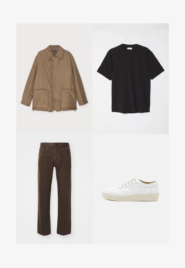 Pruunist voodriga jakk krae ja esitaskutega, ees lukuga kinnitamine ning kerge läikega. Lihtne kujundus ja lõdva istuvusega.; Must must t-särk, millel on ümmargune kaelus, lühikesed varrukad ja lõdva soe. Lihtne disain, sile tekstuur ja nähtamatud mustrid või logod.; Theory VIGGO - Sirgete säärtega teksad - brown; Valge nahkne tenniseking, millel on tekstureeritud pind, ümar varbaosa, beež kummitald ning kuus halli paeldokki, millel on külgedel õrn brändimingutus.