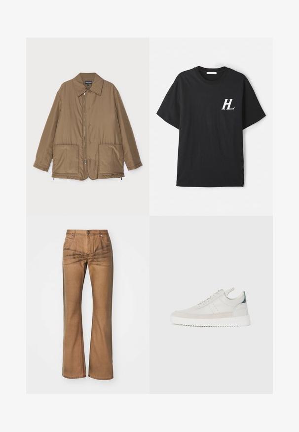 Pruunist voodriga jakk krae ja esitaskutega, ees lukuga kinnitamine ning kerge läikega. Lihtne kujundus ja lõdva istuvusega.; Must musta T-särk lühikeste varrukatega, millel on vasakul rinnal valge "HL" logo. Tavaline lõige, sile tekstuur ja klassikaline ümmargune kaelus.; Pruunid laiad teksad, mis on valmistatud denimist, sisaldavad esipocketeid, ühte nööbi sulgemist ja kergelt tuhmumist, et saavutada tekstureeritud välimus.; Valged nahkstennised hallide seemisnahast detailidega, paeltega sulgemine, tõmmetab, ning reljeefne kummisoont, millel on siksakmuster.